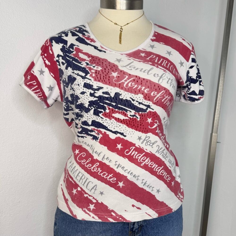 Patriotic Rhinestone USA Tee Cactus Bay 4th of July Stars Large Y2K Style